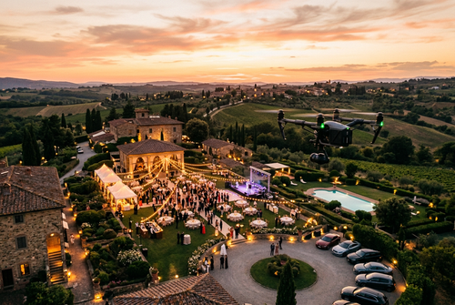 Professional drone aerial filming of an event venue